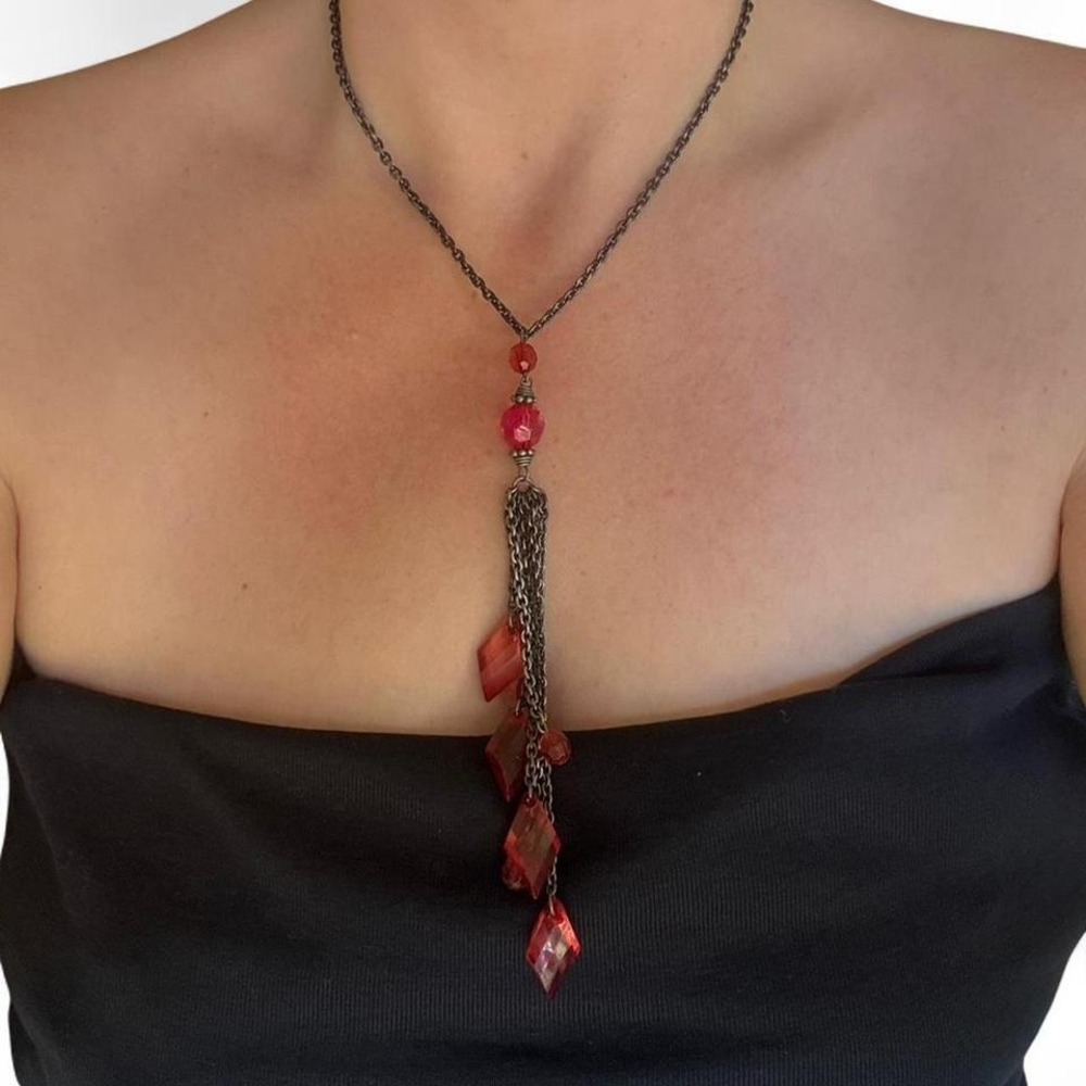 Red Beaded Tassel Pendant Necklace Gunmetal Chain Gothic Boho‎ Y-Necklace